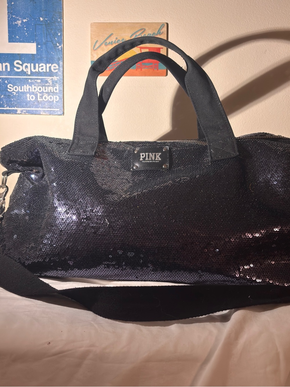 PINK Victoria's Secret Navy Sequin Weekend Duffel Bag / Carry On Travel Bag